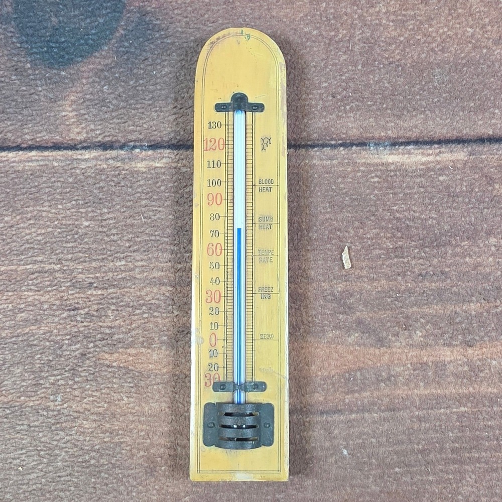Tycos Taylor Wall Thermometer Home OS Yellow Good Vintage Wood Primitive Bulb